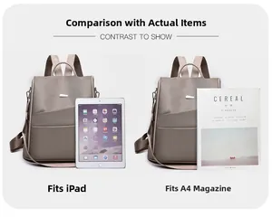 Detail view of grey nylon backpack showcasing large capacity for iPad and A4 magazines