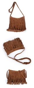 Detailed views of brown suede fringe bag with woven strap and metallic buckle