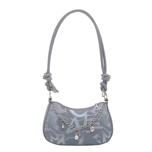 Chic grey crescent shoulder bag with metallic charms and abstract letter print