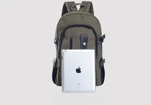 Detail view of olive green canvas backpack with leather straps and front zip pockets