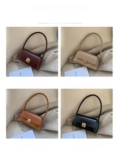 Detail view of four minimalist faux leather handbags in brown, khaki, and black colors