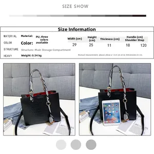 Detailed size chart for the crocodile pattern shoulder bag with dimensions and material info