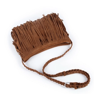 Brown suede fringed crossbody bag with woven strap in retro bohemian style