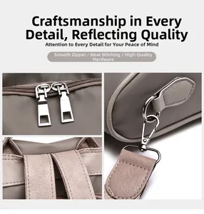 Macro detail of smooth zipper, neat stitching and quality hardware on the backpack