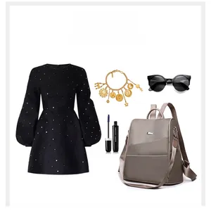 Chic styling set featuring a taupe Oxford cloth backpack and black sequin dress