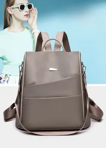 Detail view of anti-theft zipper on back of oxford cloth backpack for women