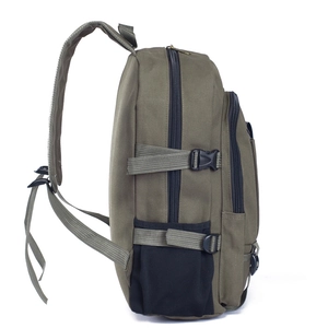 Army green canvas backpack with multi-layer zippers and mesh side pockets for travel
