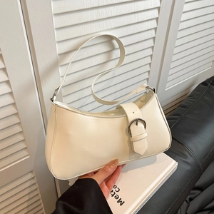French style creamy white baguette underarm bag with adjustable strap and silver buckle