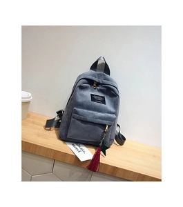 Detail of gray corduroy backpack with red tassel charm and green star accessory