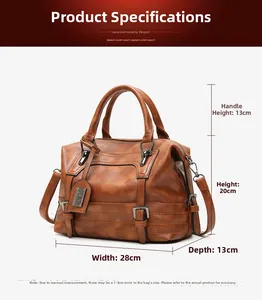 Detail showing dimensions of retro dark brown PU leather handbag with dual handles