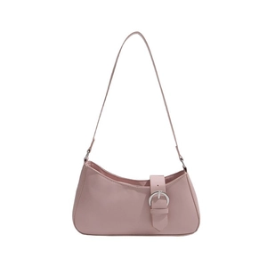 Minimalist light pink hobo bag with silver buckle and sleek faux leather finish