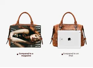 Brown leather Boston bag shown next to a magazine and tablet to illustrate large capacity