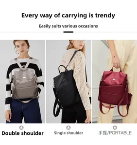 Nylon backpack for women shown in three versatile styles: backpack, shoulder bag, and handbag
