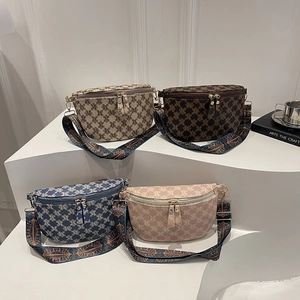 Vintage Monogram Chest Bag For Women Faux Leather Waist Bag With Retro Patterned Wide Shoulder Strap Casual Crossbody Bag