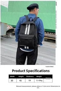 Detail view of canvas backpack dimensions 30x45x19cm with male model display