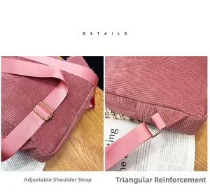 Detail of adjustable straps and triangle reinforced stitching on pink corduroy backpack