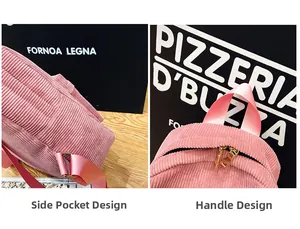 Detailed close-up of pink corduroy backpack side pocket and woven top handle with golden zipper