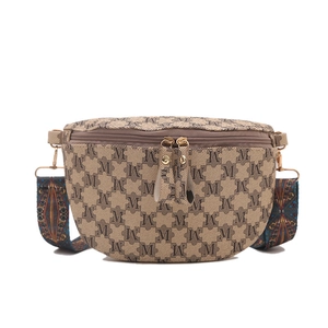 Retro monogram crossbody bag with colorful bohemian wide strap and half-moon shape