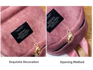 Detailed close-up of pink corduroy backpack featuring gold zipper and embroidered patch