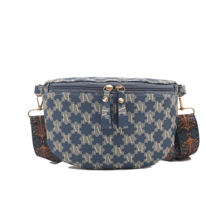 Sac ceinture en denim bleu avec jacquard M et large bandoulière géométrique ethnique
