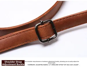 Macro detail of brown pebble leather shoulder strap with dark grey adjustable metal buckle