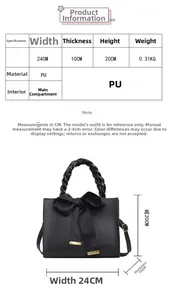 Tableau des tailles pour sac à main noir en PU avec anses tressées de 24x10x20cm