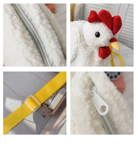 Macro detail of white plush chick bag featuring yellow strap and smooth zipper closures