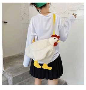 Creative plush chicken crossbody bag with yellow strap and white faux fur texture