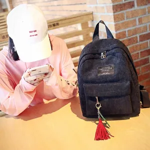Fashion PU Corduroy Texture Backpack For Women Student Schoolbag With Tassel Ribbon Pendant Daily Travel Casual Shoulder Bag