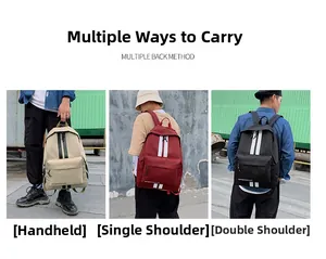 Three lifestyle shots showing red, khaki and black backpacks with vertical stripes