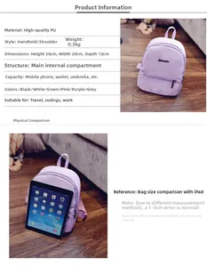 Paarse mini PU-lederen rugzak met maatvergelijking van 25cm hoogte en interne capaciteit