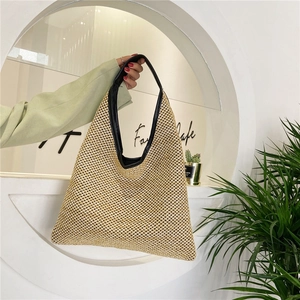 Women Vintage Straw Woven Shoulder Bag Large Capacity Beach Tote Handbag Contrast Color Casual Vacation Fashion Handbag