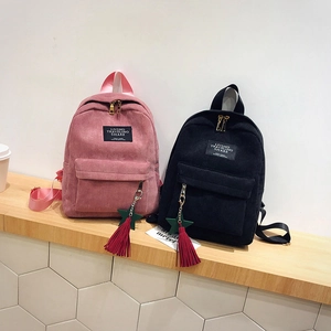 Fashionable pink and black corduroy backpacks for students with star and tassel charms