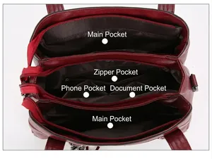 Sac à main bordeaux multi-compartiments avec poches intérieures zippées et porte-téléphone