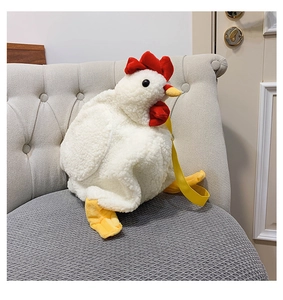 Detail of plush chicken shoulder bag with soft white faux fur and yellow strap