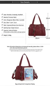 Tableau des tailles du sac à main en cuir PU bordeaux avec bandoulière réglable