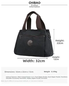 Detail view of black canvas tote bag showing 32x22x12cm dimensions and zip pocket