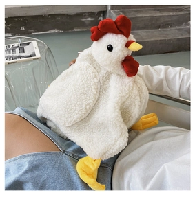 Detailed view of the soft white faux fur texture on this creative chicken plush crossbody bag