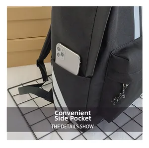 Detailed view of the side pocket on a black canvas backpack featuring iconic white stripes