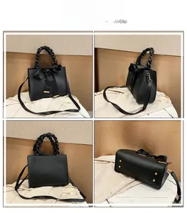 Vues détaillées du sac en cuir mat noir avec nœud et poignée tressée chic