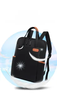Detail showing ultralight 0.55kg black Oxford fabric backpack with leather accents