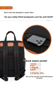 Detail showing back anti-theft hidden zipper pocket on nylon backpack with leather accents