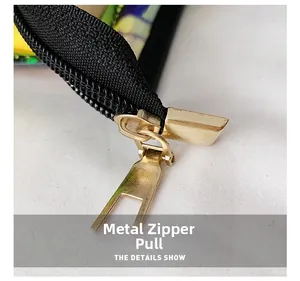 Detail of durable gold metal zipper puller on high-quality black nylon material