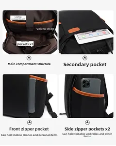 Detailed interior view of a black oxford backpack showing laptop sleeve and multiple pockets