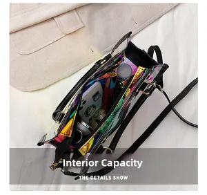 Internal capacity detail of laser PVC tote bag showing space for cosmetics and phone