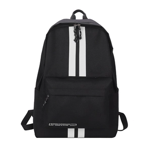 Modern black backpack with double white stripes and large front pocket for travel and school