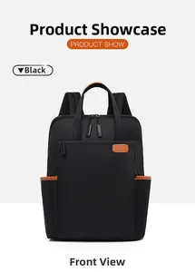 Front detail of black waterproof oxford backpack with brown leather accents and side pockets