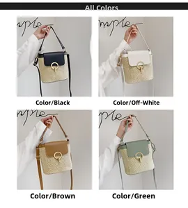 Selection of straw bucket bags with leather flaps in black, beige, brown, and green