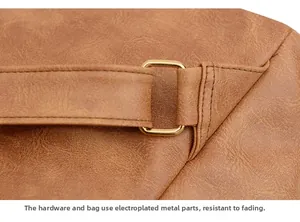 Détail de la boucle en métal doré et des coutures sur le sac à dos marron grainé