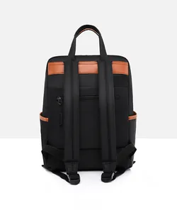 Detailed back view of a black laptop backpack featuring brown leather trim and zipper pocket